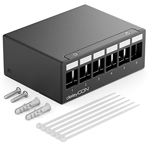 deleyCON 6 Port Patchpanel Gehäuse 1 HE für 14,9 mm x 17 mm Keystone Module mit z.B. RJ45 Koaxialstecker BNC F-Stecker Antennenstecker RJ-11 Cinch Klinke USB Toslink PS2 HDMI - Schwarz von deleyCON