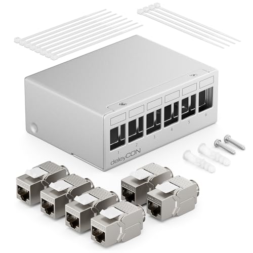 deleyCON 6 Port Patchpanel Set Patchfeld Verteilerfeld 1 HE + 6x RJ45 Keystone Jack Modul STP CAT6a Kompatibel mit Verlegekabel CAT6 CAT6a CAT7 Netzwerkkabel Ethernet LAN DSL - Grau von deleyCON