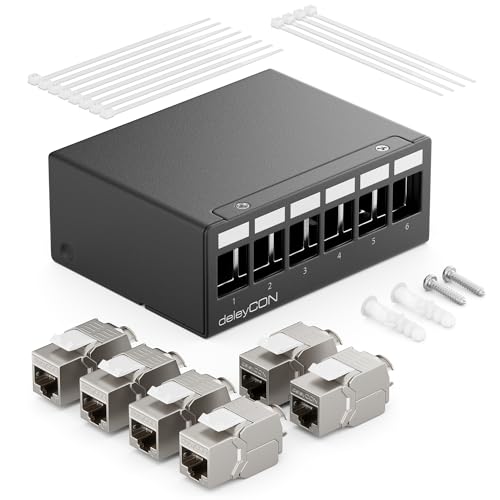 deleyCON 6 Port CAT7 Patchpanel Set mit 6x CAT.7 RJ45 Keystone Jack Modul STP 10 Gbit/s - Verteilerfeld Kompatibel mit Verlegekabel CAT6 CAT6a CAT7 CAT8 Ethernet LAN DSL Netzwerkkabel - Schwarz deleyCON 6 Port CAT7 Patchpanel Set mit 6x CAT.7 RJ45 Keystone Jack Modul STP 10 Gbit/s - Verteilerfeld Kompatibel mit Verlegekabel CAT6 CAT6a CAT7 CAT8 Ethernet LAN DSL Netzwerkkabel - Schwarz von deleyCON