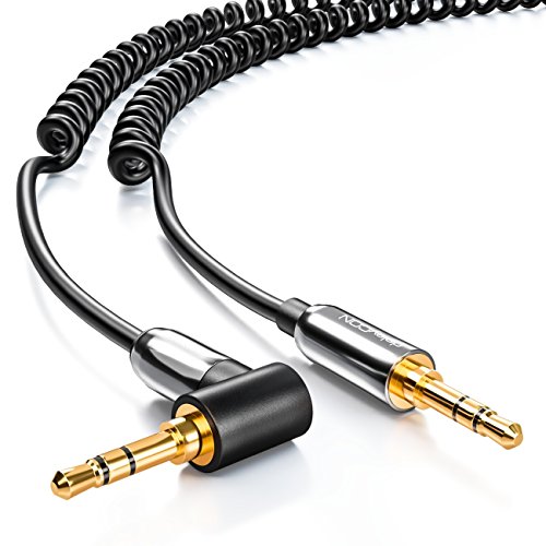 deleyCON 60cm Klinken Kabel Spiralkabel - Stereo Audio - AUX - 3,5mm Klinken Stecker zu 3,5mm Klinken Stecker 90° abgewinkelt - Vergoldete Stecker von deleyCON