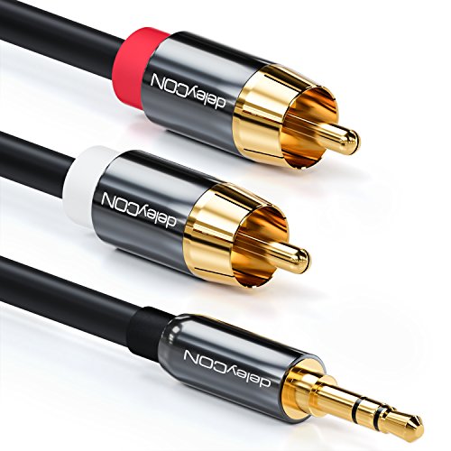 deleyCON 7,5m Klinkenkabel Cinch Kabel 3,5mm Klinke zu Cinch RCA Stereo Audio Kabel 1x Klinkenstecker auf 2x RCA Cinch Stecker Metallstecker Schwarz von deleyCON