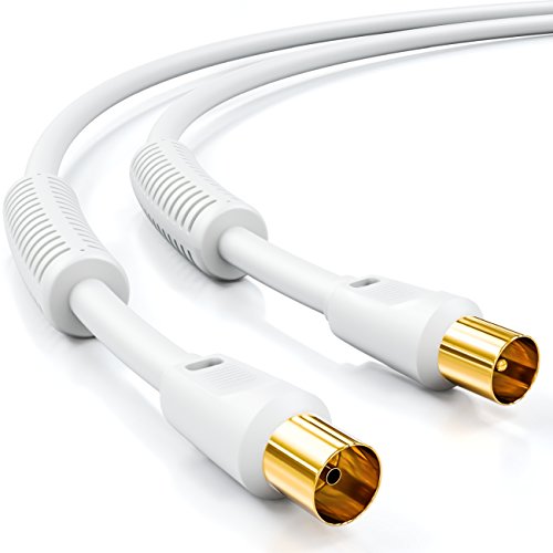 deleyCON 7,5m TV Antennenkabel (IEC-Stecker auf IEC-Kupplung) Koaxial Kabel HDTV 4-fach Schirmung 2x Ferritkern Mantelstromfilter DVB-T DVB-T2 Radio DAB - Weiß von deleyCON