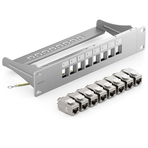 deleyCON 8 Port CAT7 Patchpanel SET Patchfeld Verteilerfeld Modular 1 HE 10" Zoll Rackeinbau + 8x CAT 7 Keystone Module RJ45 LAN Netzwerk 10 Gbit/s 600 MHz Verlegekabel Grau von deleyCON