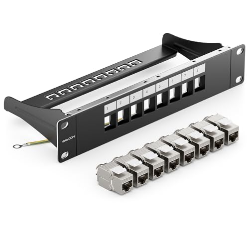 deleyCON 8 Port CAT7 Patchpanel SET Patchfeld Verteilerfeld Modular 1 HE 10" Zoll Rackeinbau + 8x CAT 7 Keystone Module RJ45 LAN Netzwerk 10 Gbit/s 600 MHz Verlegekabel Schwarz von deleyCON