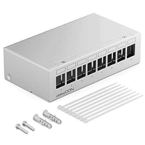 deleyCON 8 Port Patchpanel Gehäuse 1 HE für 14,9 mm x 17 mm Keystone Module mit z.B. RJ45 Koaxialstecker BNC F-Stecker Antennenstecker RJ-11 Cinch Klinke USB Toslink PS2 HDMI - Grau von deleyCON