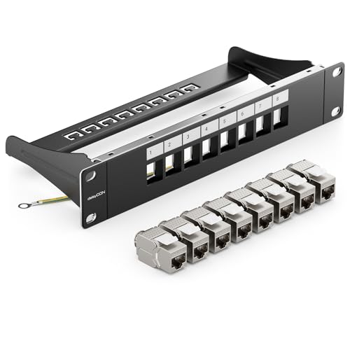 deleyCON 8 Port Patchpanel Set Patchfeld Modular 1 HE 10" Zoll Rackeinbau + 8x RJ45 Keystone Module CAT6a Kompatibel mit CAT5 CAT6 CAT7 LAN Netzwerkkabel Verlegekabel Schwarz deleyCON 8 Port Patchpanel Set Patchfeld Modular 1 HE 10" Zoll Rackeinbau + 8x RJ45 Keystone Module CAT6a Kompatibel mit CAT5 CAT6 CAT7 LAN Netzwerkkabel Verlegekabel Schwarz von deleyCON