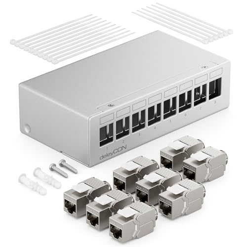 deleyCON 8 Port Patchpanel Set Patchfeld Verteilerfeld 1 HE + 8x RJ45 Keystone Jack Modul STP CAT6a Kompatibel mit Verlegekabel CAT6 CAT6a CAT7 Netzwerkkabel Ethernet LAN DSL - Grau von deleyCON