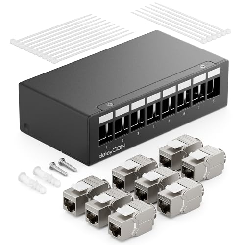 deleyCON 8 Port Patchpanel Set Patchfeld Verteilerfeld 1 HE + 8x RJ45 Keystone Jack Modul STP CAT6a Kompatibel mit Verlegekabel CAT6 CAT6a CAT7 Netzwerkkabel Ethernet LAN DSL - Schwarz von deleyCON