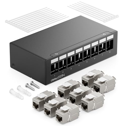 deleyCON 8 Port CAT7 Patchpanel Set mit 8x CAT.7 RJ45 Keystone Jack Modul STP 10 Gbit/s - Verteilerfeld Kompatibel mit Verlegekabel CAT6 CAT6a CAT7 CAT8 Ethernet LAN DSL Netzwerkkabel - Schwarz deleyCON 8 Port CAT7 Patchpanel Set mit 8x CAT.7 RJ45 Keystone Jack Modul STP 10 Gbit/s - Verteilerfeld Kompatibel mit Verlegekabel CAT6 CAT6a CAT7 CAT8 Ethernet LAN DSL Netzwerkkabel - Schwarz von deleyCON