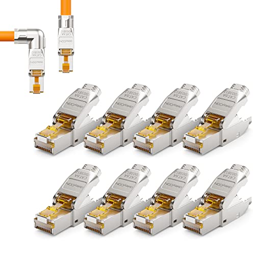 deleyCON 8x CAT 6a Netzwerkstecker 90° Winkel Stecker RJ45 Werkzeuglos Geschirmt 10 Gbit/s Netzwerk Stecker für Starre Verlegekabel Rohkabel Steckverbinder RJ45 Ethernet LAN DSL Patchkabel von deleyCON