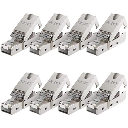 deleyCON 8x CAT 6a Werkzeugloser RJ45 Netzwerkstecker mit LSA Anschluss für Starre Verlegekabel Geschirmt 10 Gbit/s LAN Kabel Netzwerkkabel Stecker CAT6a Metallgehäuse von deleyCON