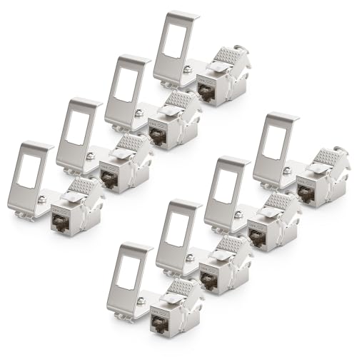 deleyCON 8x CAT6a Keystone Jack Modul mit 8x 1-Port Hutschienenadapter als Set Metall STP Schirmung RJ45 Buchse 10 Gbit/s Netzwerk Snap-In Montage für 35mm Hutschienen von deleyCON