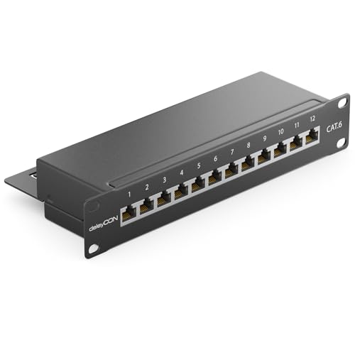 deleyCON CAT 6 Patchpanel Verteilerfeld 12 Port - Desktop 10" Zoll Rackeinbau Servermontage - RJ45 - Geschirmt - TIA568A TIA568B Schwarz von deleyCON