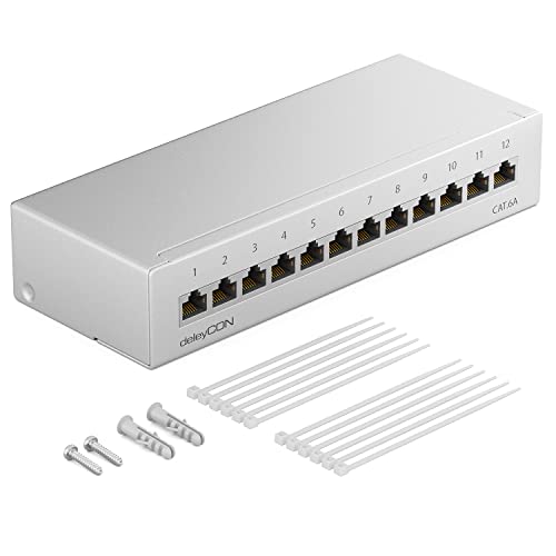 deleyCON CAT 6a Patchpanel Verteilerfeld 12 Port 1 HE Desktop & Wandmontage Geschirmt 12x RJ45 Buchse LAN Netzwerk Verlegekabel TIA568A TIA568B RAL 7035 Lichtgrau von deleyCON