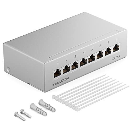 deleyCON CAT 6a Patchpanel Verteilerfeld 8 Port 1 HE Desktop & Wandmontage Geschirmt 8x RJ45 Buchse LAN Netzwerk Verlegekabel TIA568A TIA568B RAL 7035 Lichtgrau von deleyCON