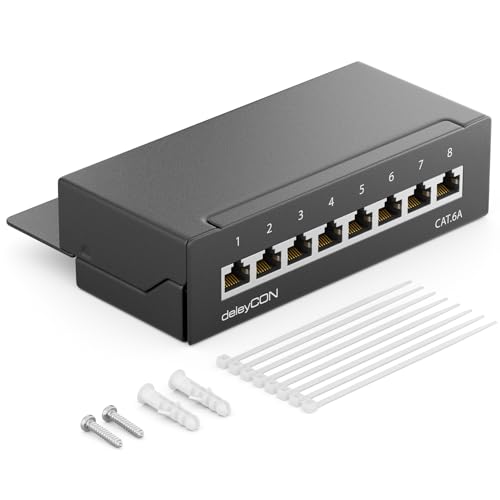 deleyCON CAT 6a Patchpanel Verteilerfeld 8 Port - Desktop & Wandmontage Geschirmt 8X RJ45 Buchse - TIA568A TIA568B - Schwarz deleyCON CAT 6a Patchpanel Verteilerfeld 8 Port - Desktop & Wandmontage Geschirmt 8X RJ45 Buchse - TIA568A TIA568B - Schwarz von deleyCON