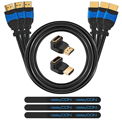 deleyCON HDMI Set - 3x 0,5m HDMI Kabel + 2x HDMI Winkel Adapter (90° + 270° Grad) + 3x Klett-Kabelbinder + Microfaser Reinigungstuch von deleyCON