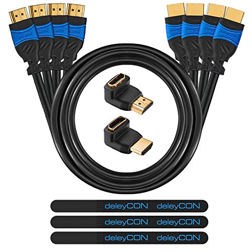 deleyCON HDMI Set - UHD 4K HDR 3D 1080p 2160p - 3x 1m + 1x 3m HDMI Kabel + 2x HDMI Winkel Adapter (90° + 270° Grad) + 3x Klett-Kabelbinder + Microfaser Reinigungstuch von deleyCON