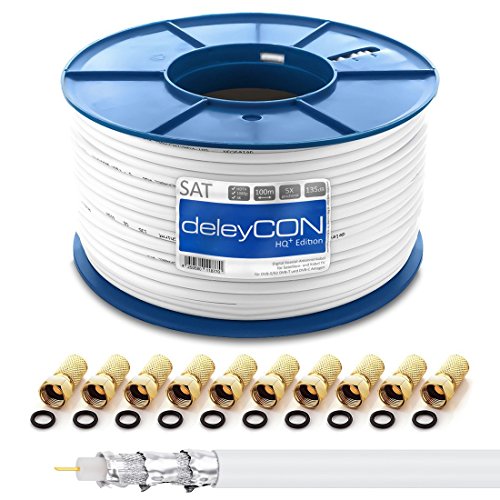 deleyCON HQ+ 100m SAT Koaxial Kabel 135dB - 5-Fach geschirmt für DVB-S - S2 DVB-T und DVB-C - 4K 1080p Full HD HDTV - inkl. 10x vergoldete F-Stecker von deleyCON