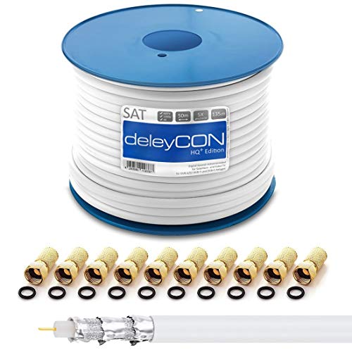 deleyCON HQ+ 50m SAT Koaxial Kabel 135dB - 5-Fach geschirmt für DVB-S - S2 DVB-T und DVB-C - 4K 1080p Full HD HDTV - inkl. 10x vergoldete F-Stecker von deleyCON