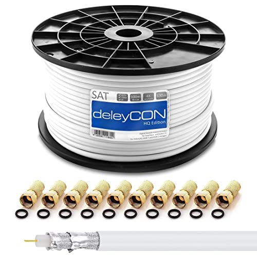 deleyCON HQ 100m SAT Koaxial Kabel 130dB - 4-fach geschirmt für DVB-S - S2 DVB-T und DVB-C - Stahl/Kupfer Innenleiter - 4K 1080p FULL HD HDTV - inkl. 10x vergoldete F-Stecker deleyCON HQ 100m SAT Koaxial Kabel 130dB - 4-fach geschirmt für DVB-S - S2 DVB-T und DVB-C - Stahl/Kupfer Innenleiter - 4K 1080p FULL HD HDTV - inkl. 10x vergoldete F-Stecker von deleyCON