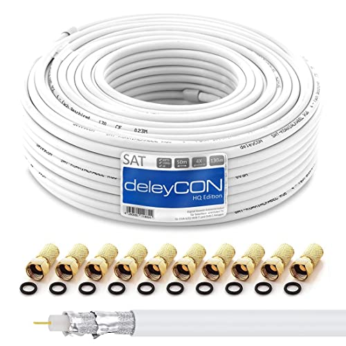 deleyCON HQ 50m SAT Koaxial Kabel 130dB - 4-fach geschirmt für DVB-S - S2 DVB-T und DVB-C - Stahl/Kupfer Innenleiter - 4K 1080p FULL HD HDTV - inkl. 10x vergoldete F-Stecker deleyCON HQ 50m SAT Koaxial Kabel 130dB - 4-fach geschirmt für DVB-S - S2 DVB-T und DVB-C - Stahl/Kupfer Innenleiter - 4K 1080p FULL HD HDTV - inkl. 10x vergoldete F-Stecker von deleyCON