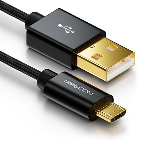 deleyCON Micro USB Kabel 0,5m Nylon + Metallstecker - Ladekabel Datenkabel Schnellladekabel - Smartphone Tablet PC Laptop Notebook - Schwarz von deleyCON