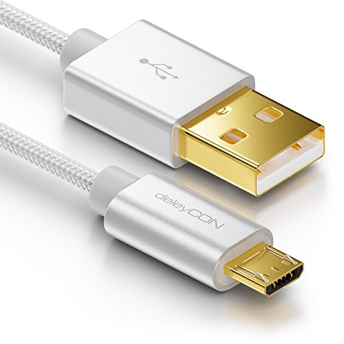 deleyCON Micro USB Kabel 1m Nylon + Metallstecker - Ladekabel Datenkabel Schnellladekabel - Smartphone Tablet PC Laptop Notebook - Silber von deleyCON