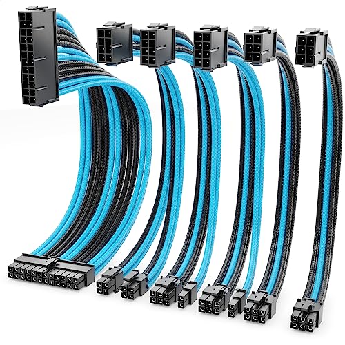 deleyCON Netzteil Kabel Set 6-Teilig 30cm - Intern Grafikkarte PC Computer Mainboard Motherboard 18 AWG ATX 24-Pin EPS 4+4-Pin PCI Express 6+2-Pin & 6-Pin Stromkabel Stecker auf Buchse Schwarz Blau von deleyCON