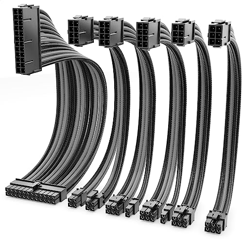 deleyCON Netzteil Kabel Set 6-Teilig 30cm - Intern Grafikkarte PC Computer Mainboard Motherboard 18 AWG ATX 24-Pin EPS 4+4-Pin PCI Express 6+2-Pin & 6-Pin Stromkabel Stecker auf Buchse Schwarz Grau von deleyCON