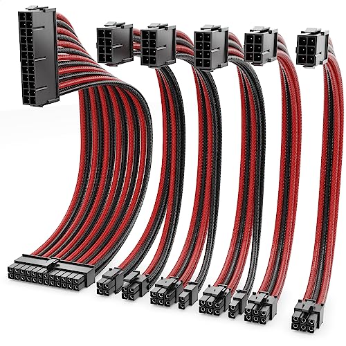 deleyCON Netzteil Kabel Set 6-Teilig 30cm - Intern Grafikkarte PC Computer Mainboard Motherboard 18 AWG ATX 24-Pin EPS 4+4-Pin PCI Express 6+2-Pin & 6-Pin Stromkabel Stecker auf Buchse Schwarz Rot von deleyCON