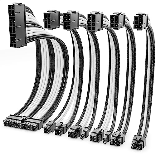 deleyCON Netzteil Kabel Set 6-Teilig 30cm - Intern Grafikkarte PC Computer Mainboard Motherboard 18 AWG ATX 24-Pin EPS 4+4-Pin PCI Express 6+2-Pin & 6-Pin Stromkabel Stecker auf Buchse Schwarz Weiß von deleyCON