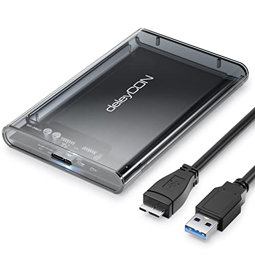deleyCON SSD Festplattengehäuse USB 3.1 Gen. 1 für 2,5“ Zoll SATA 3 SSD / HDD / 7 mm / 9,5 mm SATA III Festplatten Externes Gehäuse UASP [Transparent Grau] von deleyCON
