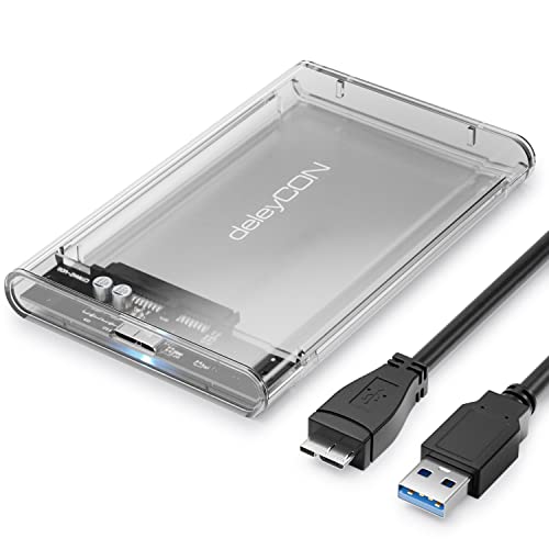 deleyCON SSD Festplattengehäuse USB 3.1 Gen. 1 für 2,5“ Zoll SATA 3 SSD / HDD / 7 mm / 9,5 mm SATA III Festplatten Externes Gehäuse UASP [Transparent] von deleyCON