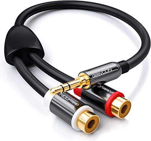 deleyCON Stereo Audio Cinch zu Klinken Adapter - 3,5mm Klinken Stecker zu 2X RCA Cinch Buchse - Metall - Vergoldet - Schwarz von deleyCON