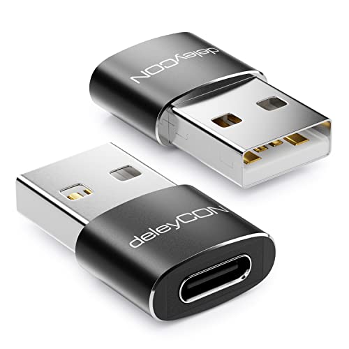 deleyCON USB C Adapter (2 Stück) C Buchse auf A Stecker - für Ladekabel Datenkabel Ladegerät Powerbank - für iPhone 16 15, iPad, Airpods, Watch, Galaxy S25/S24, PC, Tablet, Notebook - Schwarz von deleyCON