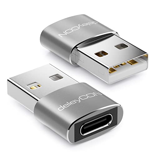 deleyCON USB C Adapter (2 Stück) C Buchse auf A Stecker - für Ladekabel Datenkabel Ladegerät Powerbank - für iPhone 16 15, iPad, Airpods, Watch, Galaxy S25/S24, PC, Tablet, Notebook - Silber von deleyCON