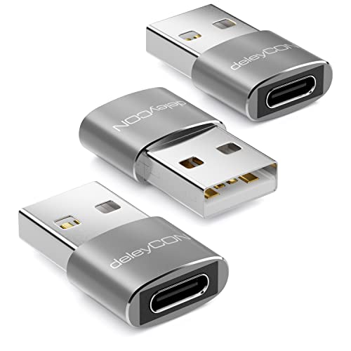 deleyCON USB C Adapter (3 Stück) C Buchse auf A Stecker - für Ladekabel Datenkabel Ladegerät Powerbank - für iPhone 16 15, iPad, Airpods, Watch, Galaxy S25/S24, PC, Tablet, Notebook - Silber von deleyCON