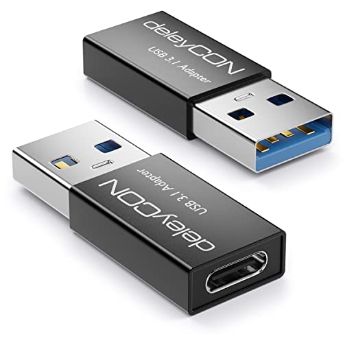 deleyCON USB C Adapter 3.0 (2 Stück) 5Gbit/s C auf A, für Ladekabel Datenkabel Ladegerät Powerbank, für iPhone 16 15, iPad, Airpods, Watch, Galaxy S25/S24, PC, Tablet, Notebook - Schwarz von deleyCON