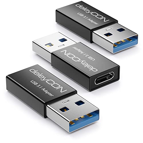 deleyCON USB C Adapter 3.0 (3 Stück) 5Gbit/s C auf A, für Ladekabel Datenkabel Ladegerät Powerbank, für iPhone 16 15, iPad, Airpods, Watch, Galaxy S25/S24, PC, Tablet, Notebook - Schwarz von deleyCON
