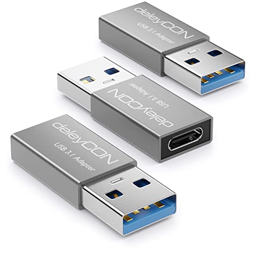 deleyCON USB C Adapter 3.0 (3 Stück) 5Gbit/s C auf A, für Ladekabel Datenkabel Ladegerät Powerbank, für iPhone 16 15, iPad, Airpods, Watch, Galaxy S25/S24, PC, Tablet, Notebook - Silber von deleyCON