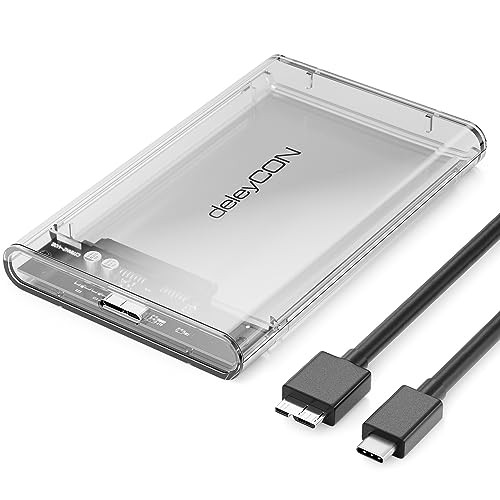 deleyCON USB-C Festplattengehäuse 2,5 Zoll - USB 3.1 Gen 1 Externes Festplatten Gehäuse für 2,5" (6,35 cm) SATA HDD Festplatte / SSD 7 mm & 9 mm - Werkzeugfreie Montage - Transparent von deleyCON