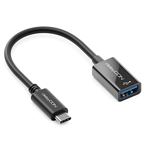 deleyCON USB-C auf USB-A OTG Adapter Kabel - USB 3.0 5Gbit/s - USB C Stecker auf USB A Buchse - für PC Computer Laptop Smartphone 17cm - Schwarz von deleyCON