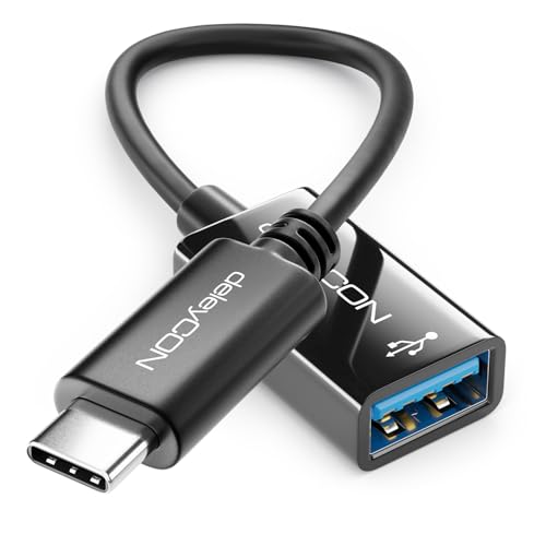 deleyCON USB-C auf USB-A OTG Adapter Kabel - USB 3.0 5Gbit/s - USB C Stecker auf USB A Buchse - für PC Computer Laptop Smartphone 17cm - Schwarz von deleyCON