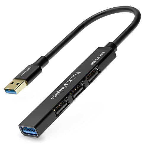 deleyCON USB HUB 4 Port - 4X USB A Anschlüsse (1x USB 3.0 // 3X USB2.0 Buchse) - Mit 15cm Kabel USB A Stecker - Schwarz von deleyCON