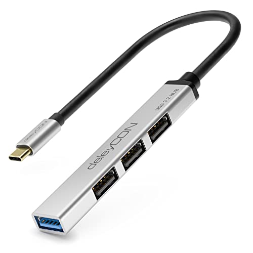 deleyCON USB HUB 4 Port - 4X USB A Anschlüsse (1x USB 3.0 // 3X USB2.0 Buchse) - Mit 15cm Kabel USB C Stecker - Silber von deleyCON