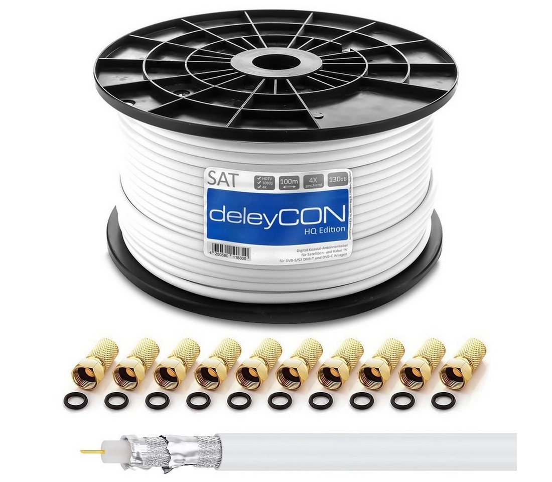 deleyCON deleyCON 100m HQ SAT Kabel HDTV 130dB 4x geschirmt + 10x F-Stecker - SAT-Kabel von deleyCON