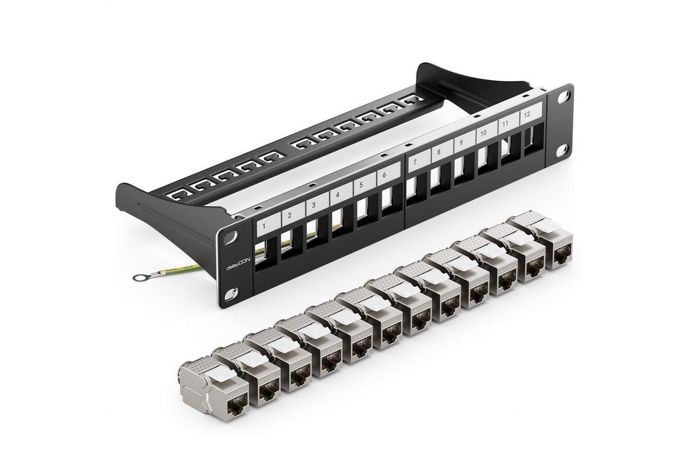 deleyCON deleyCON 12 Port Patchpanel + 12x Keystone Module im Set 1HE 10 Zoll Netzwerk-Patch-Panel von deleyCON