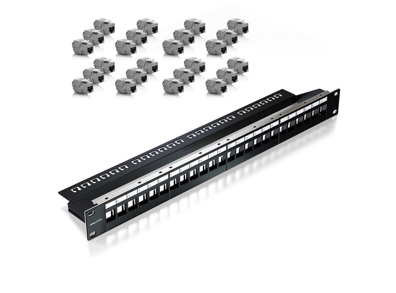 deleyCON deleyCON 24 Port Patchpanel + 24x Keystone Module im Set 1HE 19 Zoll Netzwerk-Patch-Panel von deleyCON