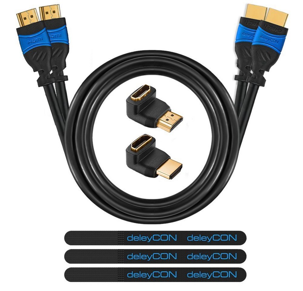 deleyCON deleyCON 2x 2m HDMI + Winkel Adapter (90+270) + Klett-Kabelbinder + HDMI-Kabel von deleyCON